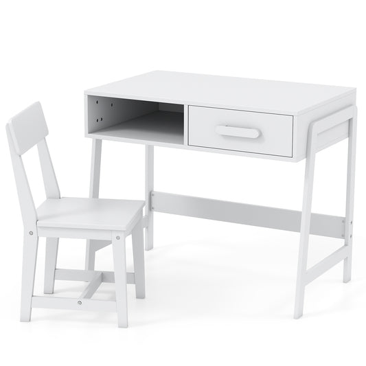 Kids Desk And Chair Set With Storage Drawer, White