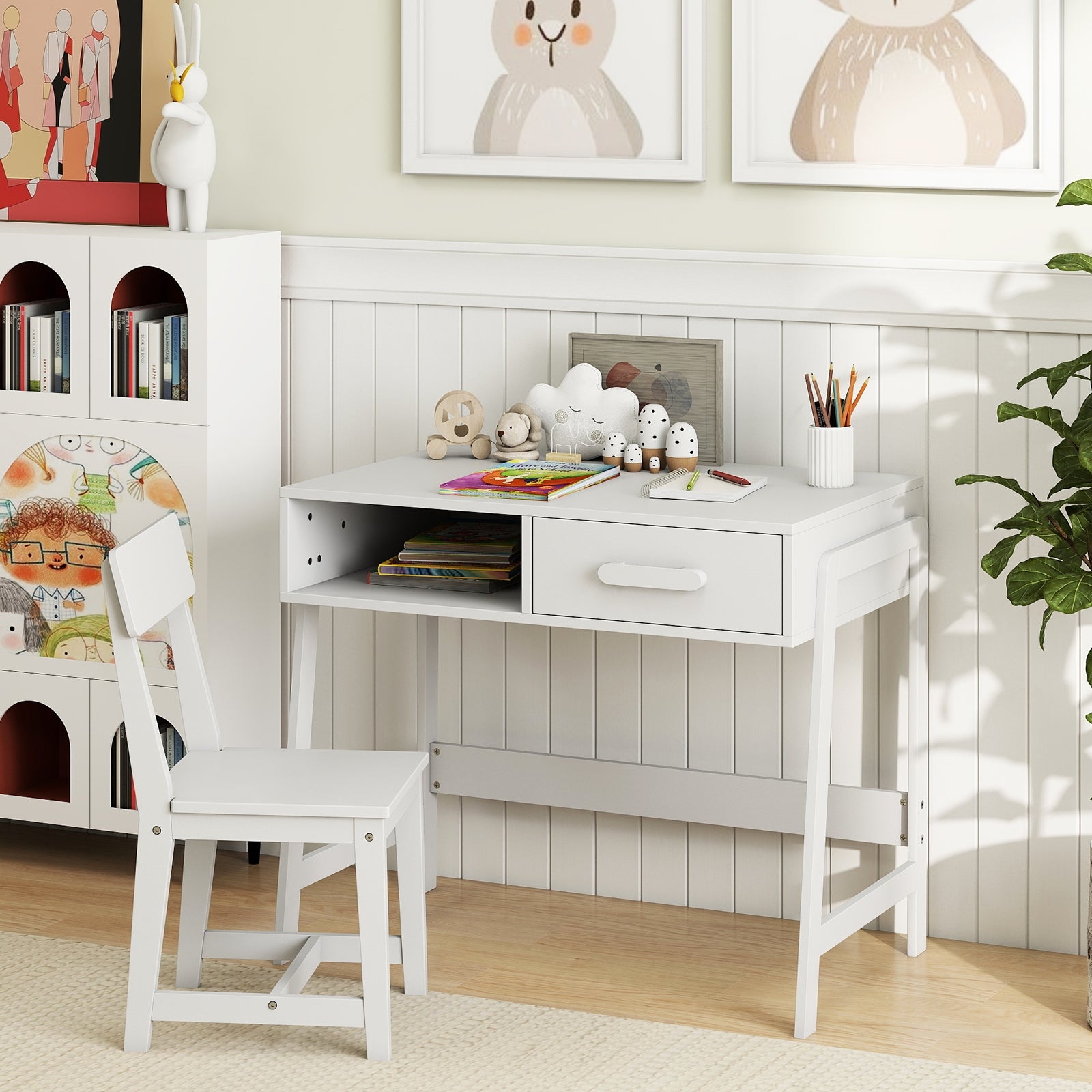 Kids Desk and Chair Set with Storage Drawer and Hutch, White Kids Table & Chair Sets at Gallery Canada