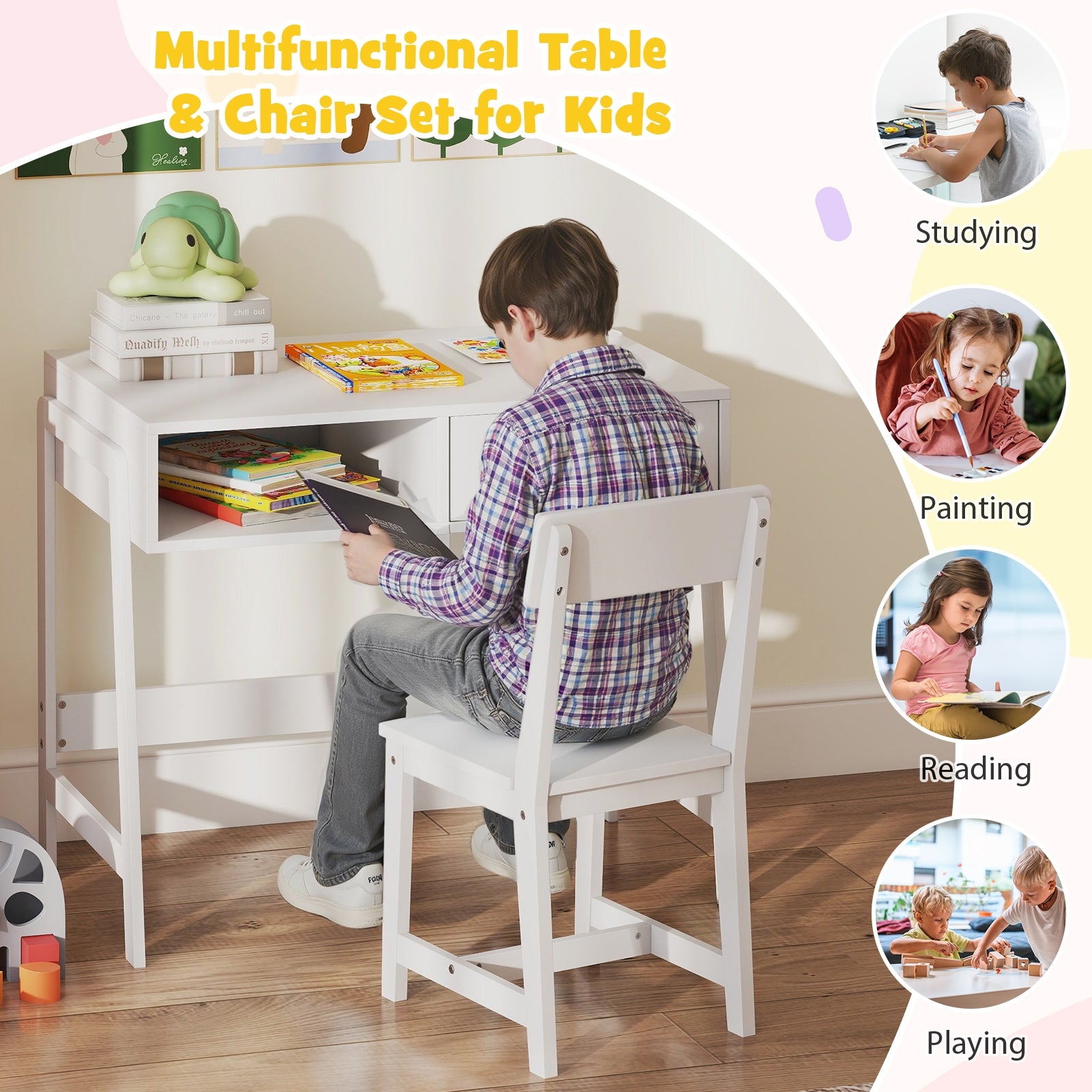 Kids Desk and Chair Set with Storage Drawer and Hutch, White Kids Table & Chair Sets at Gallery Canada