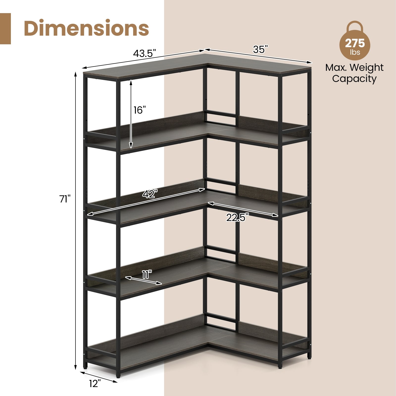 Corner Bookshelf 5-Tier L-Shaped Bookcase Etagere Bookshelf with Metal Frame, Oak Bookcases at Gallery Canada