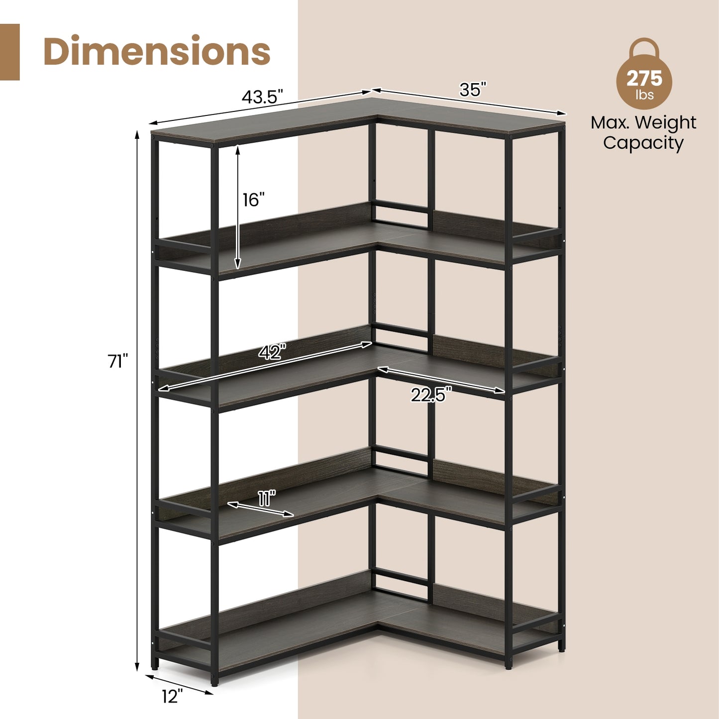 Corner Bookshelf 5-Tier L-Shaped Bookcase Etagere Bookshelf with Metal Frame, Oak Bookcases at Gallery Canada