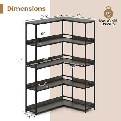 Corner Bookshelf 5-Tier L-Shaped Bookcase Etagere Bookshelf with Metal Frame, Oak Bookcases at Gallery Canada