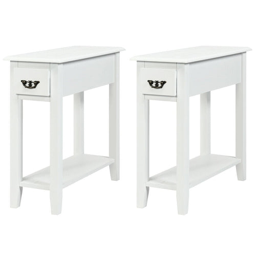 2 Tier Sofa Side End Table With Drawer, Open Shelf, White