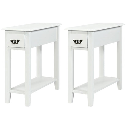 2 Tier Sofa Side End Table With Drawer, Open Shelf, White