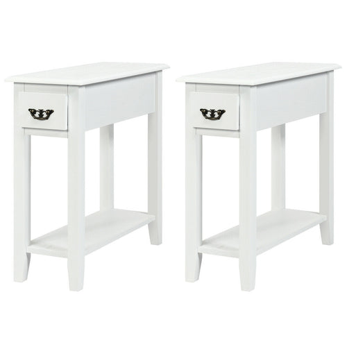 2 Pieces 2 Tier Sofa Side End Table with Drawer and Open Shelf, White