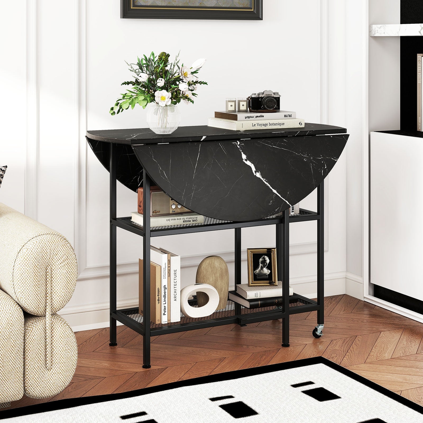 Folding Round Dining Table with Lockable Wheels, Black Dining Tables at Gallery Canada