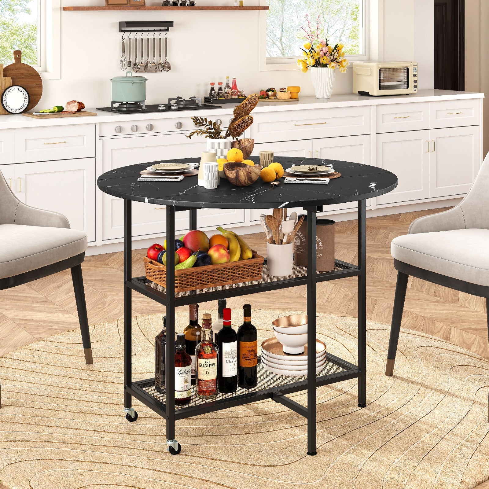 Folding Round Dining Table with Lockable Wheels, Black Dining Tables at Gallery Canada
