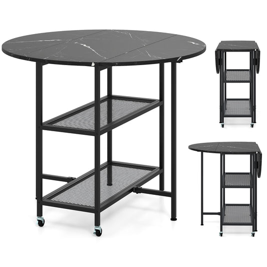 Folding Round Dining Table With Lockable Wheels, Black