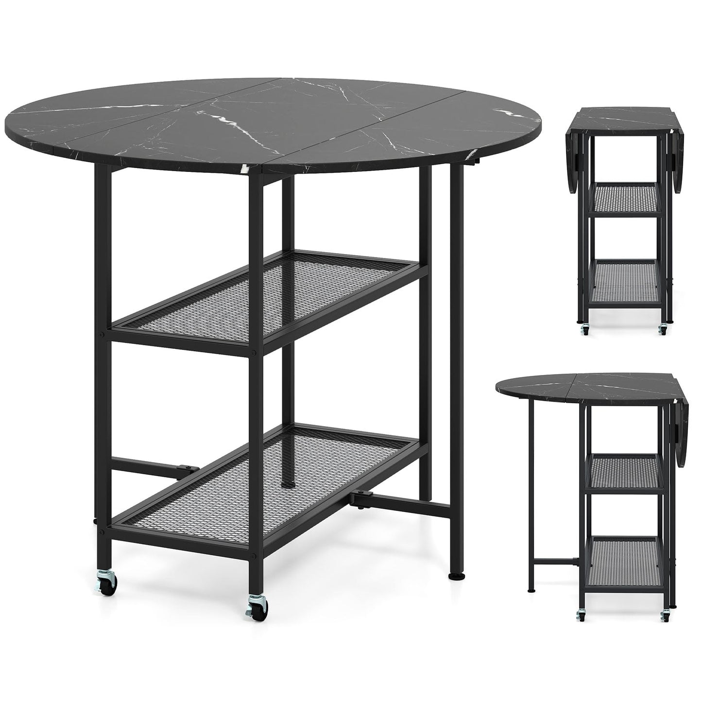 Folding Round Dining Table With Lockable Wheels, Black