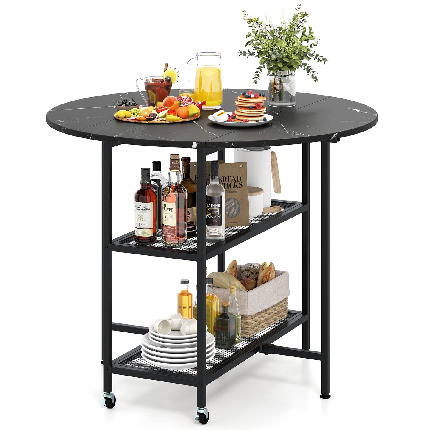 Folding Round Dining Table with Lockable Wheels, Black Dining Tables at Gallery Canada