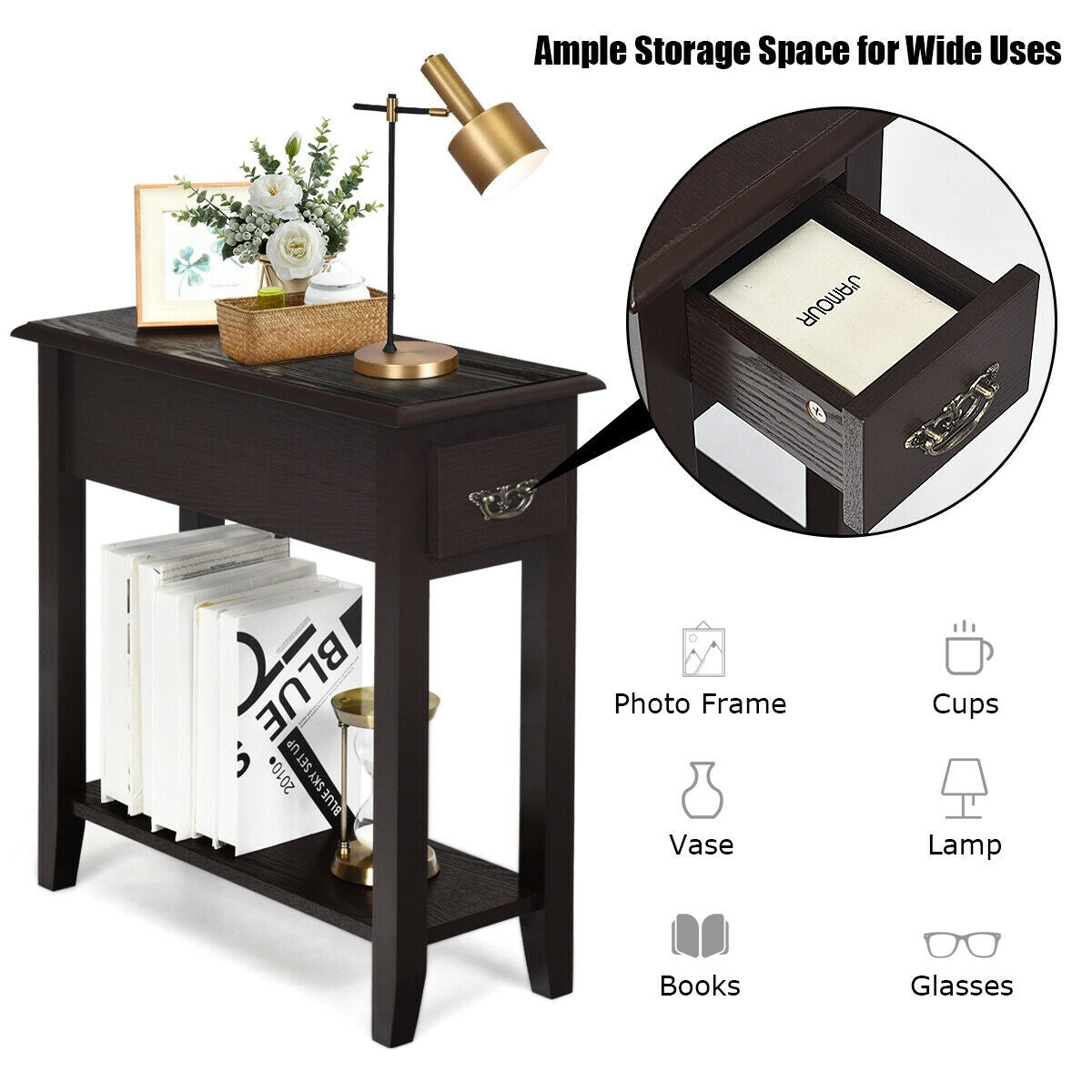 2 Tier Sofa Side Table With Drawer, Shelf, Dark Brown End & Side Tables at Gallery Canada