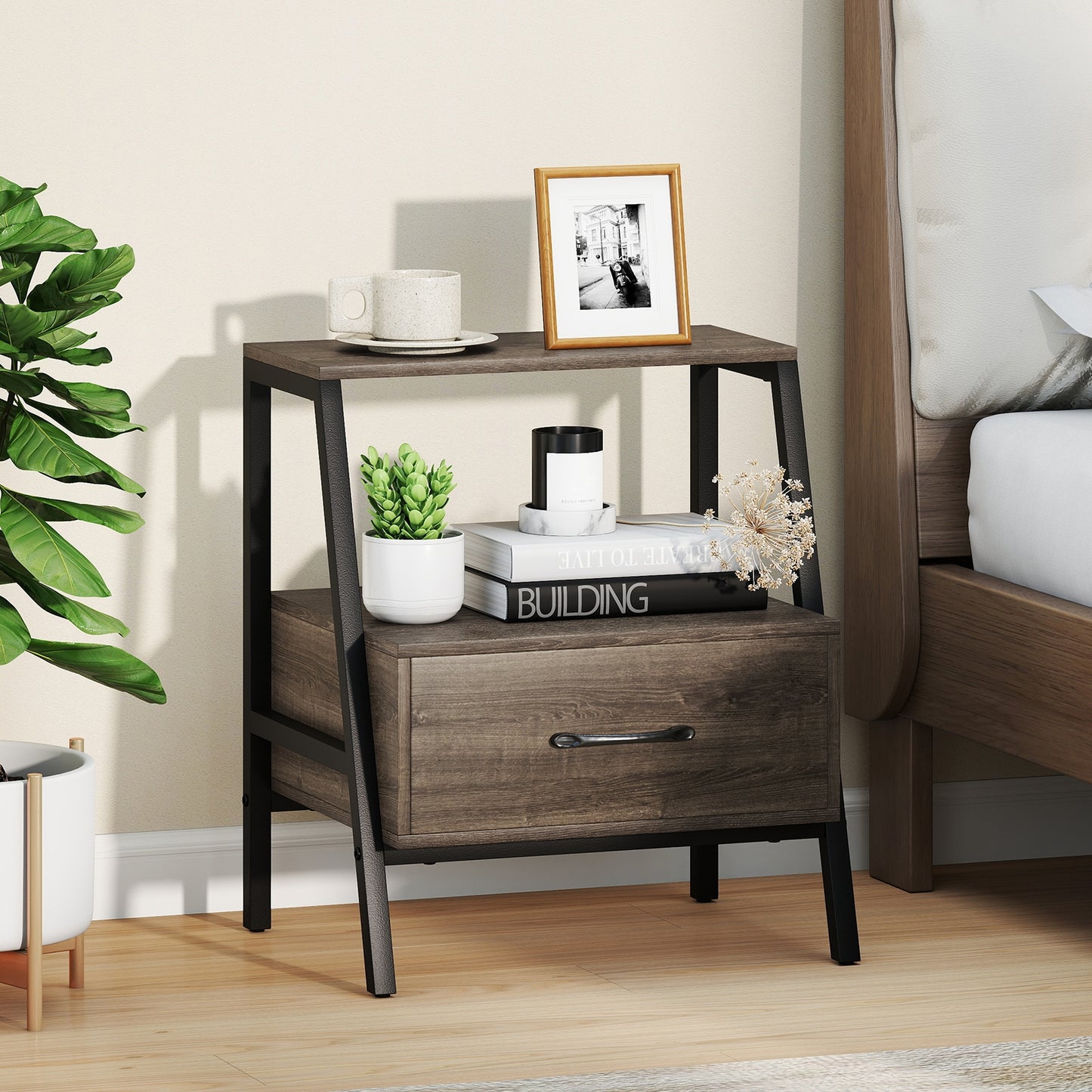 3-Tier Farmhouse Nightstand with Open Shelf, Gray Nightstands at Gallery Canada