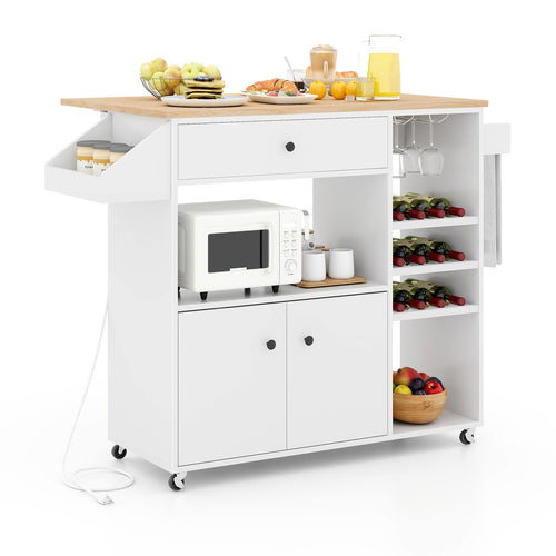 Drop Leaf Mobile Kitchen Island Cart with Power Outlet and Adjustable Shelf, White