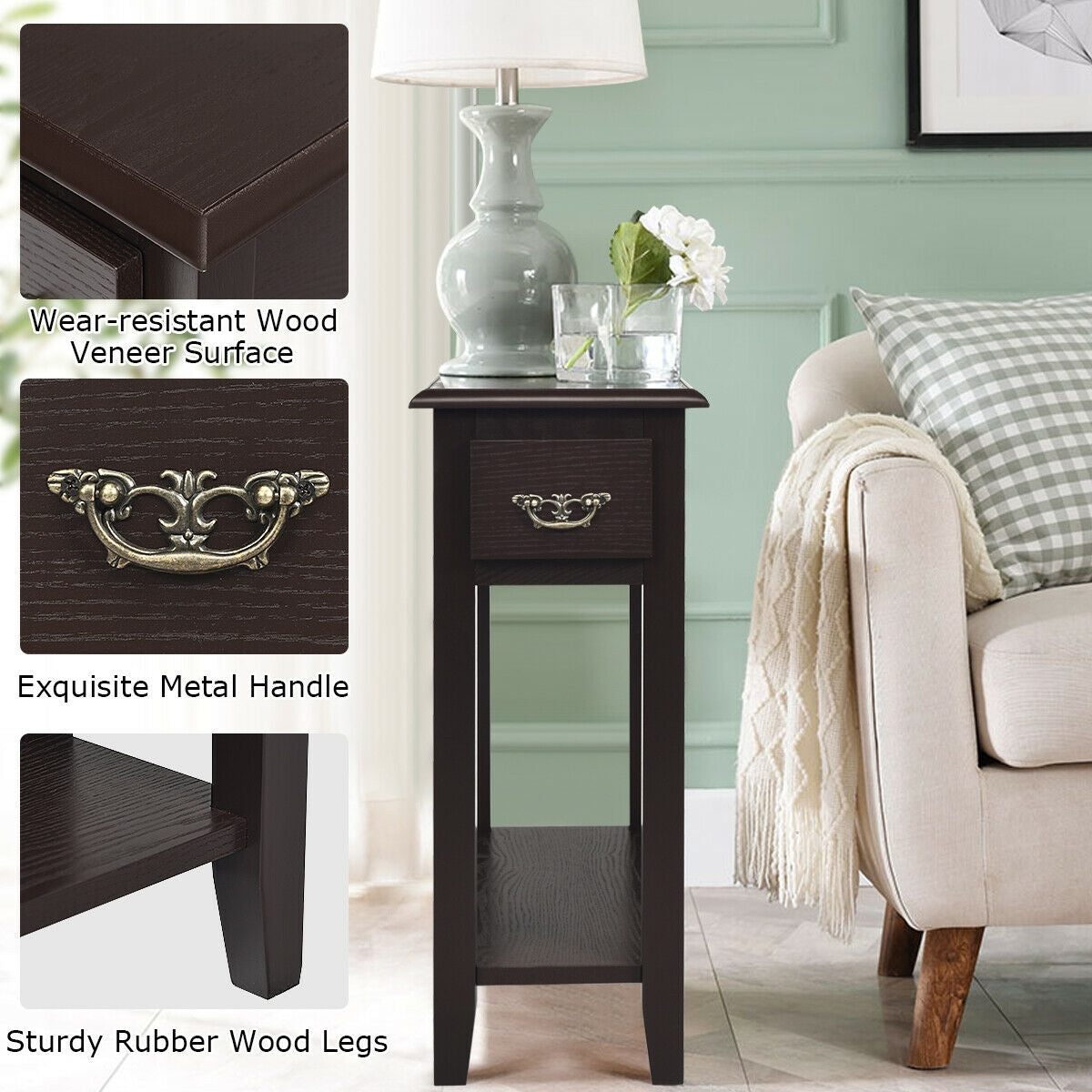2 Tier Sofa Side Table With Drawer, Shelf, Dark Brown End & Side Tables at Gallery Canada