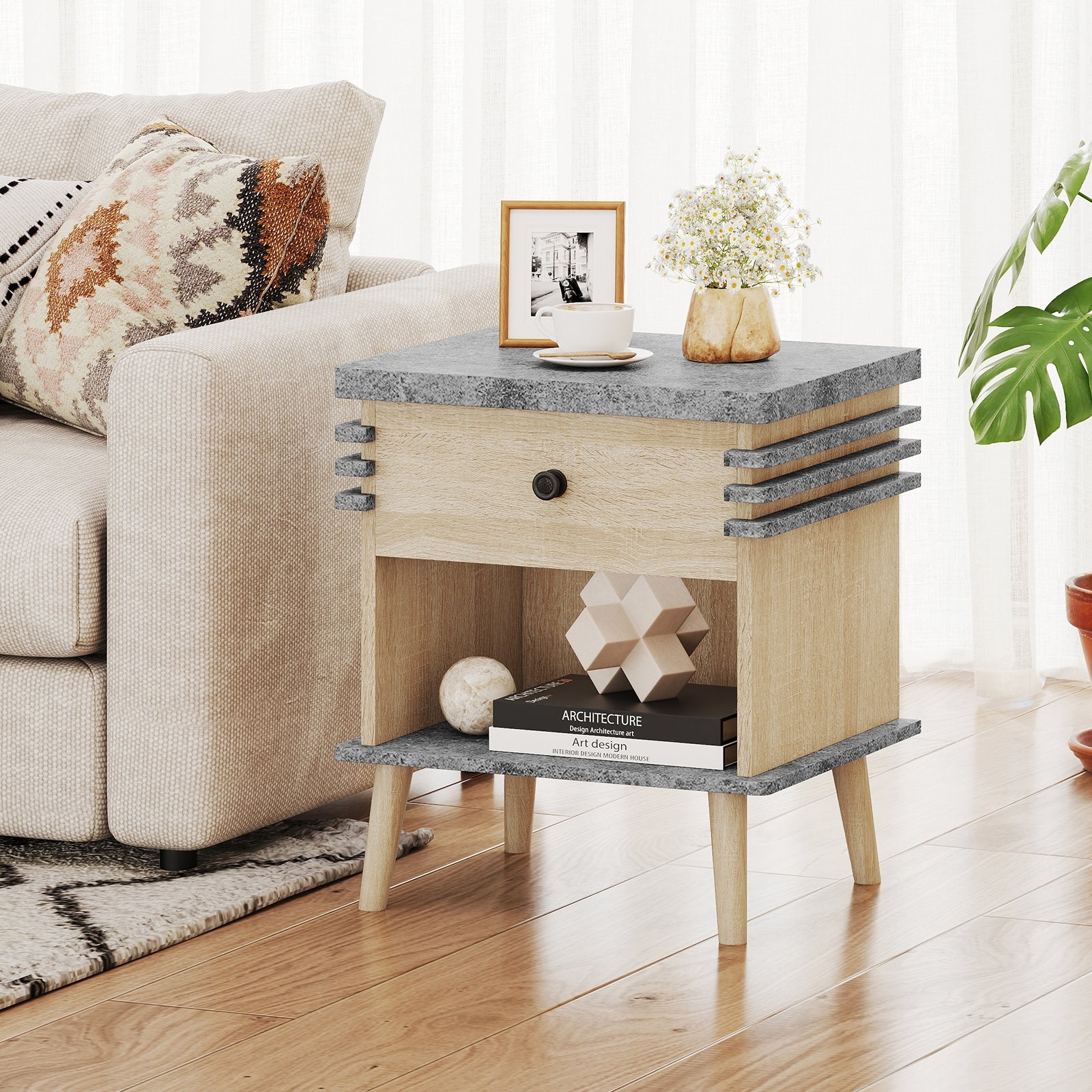 3-Tier Bedside Table Nightstand with Antique Grey Faux Marble Top-Grey, Gray Nightstands at Gallery Canada