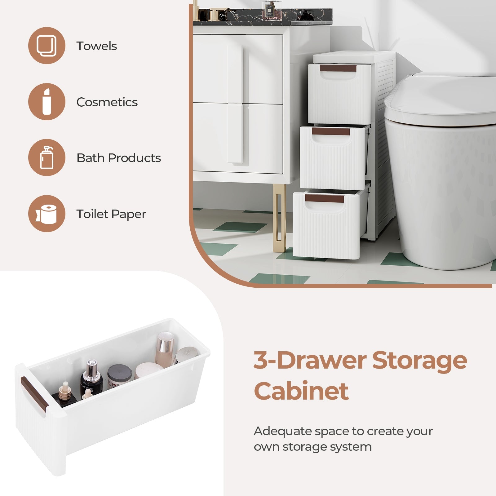 3/4/5/6-Drawer Rolling Organizer Unit Narrow Storage Cabinet with Built-In Wheels for Small Space-3-Drawer, White Dressers & Chests at Gallery Canada