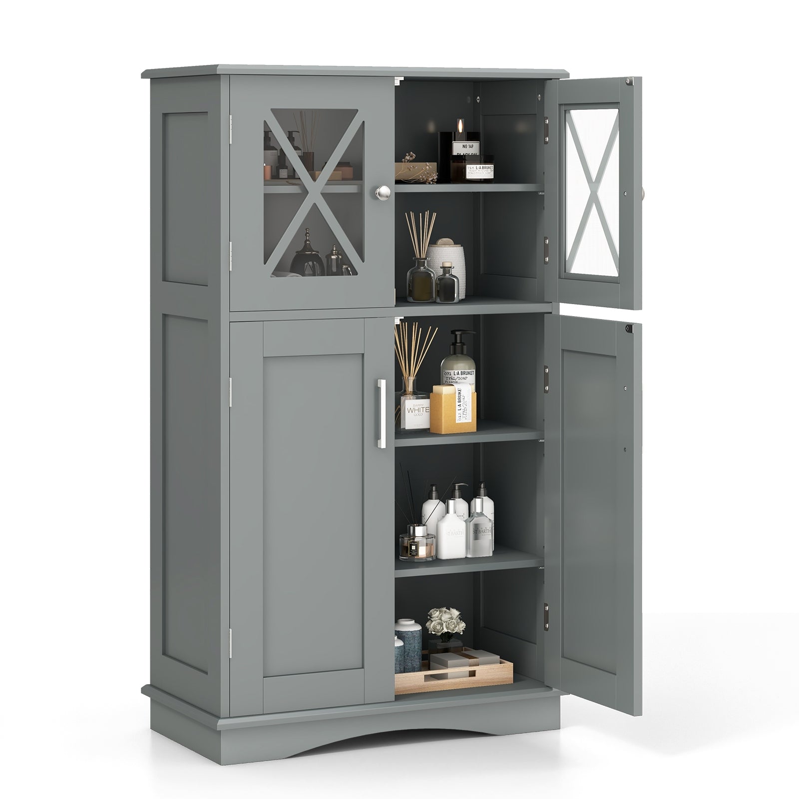 4 Doors Freeestanding Bathroom Floor Cabinet with Adjustable Shelves, Gray Floor Cabinets Gray at Gallery Canada