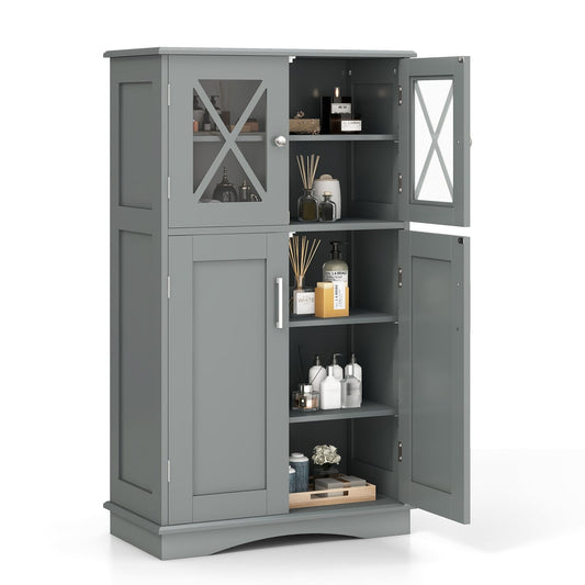 4 Door Freeestanding Bathroom Cabinet, Adjustable Shelves, Gray