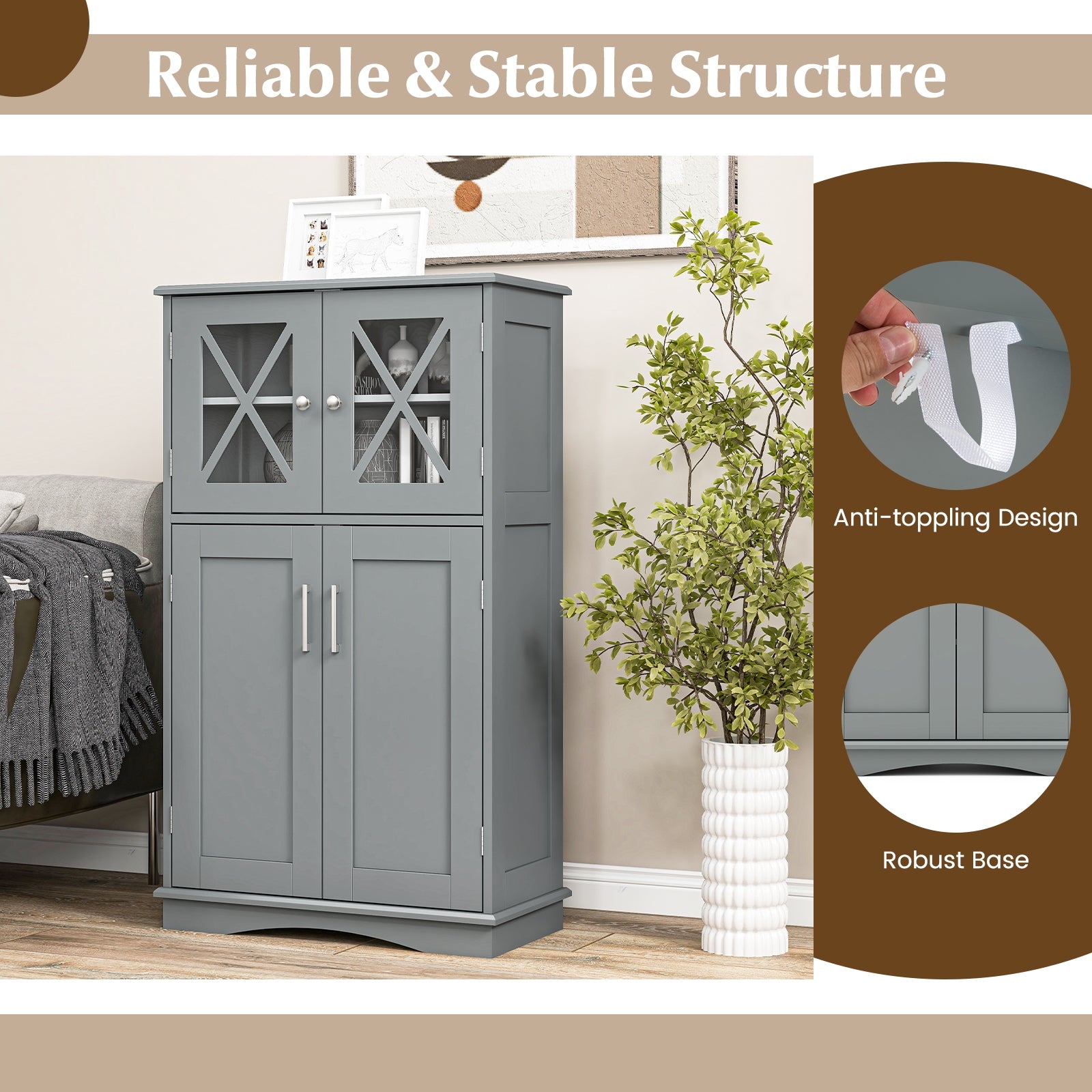 4 Doors Freeestanding Bathroom Floor Cabinet with Adjustable Shelves, Gray Floor Cabinets at Gallery Canada