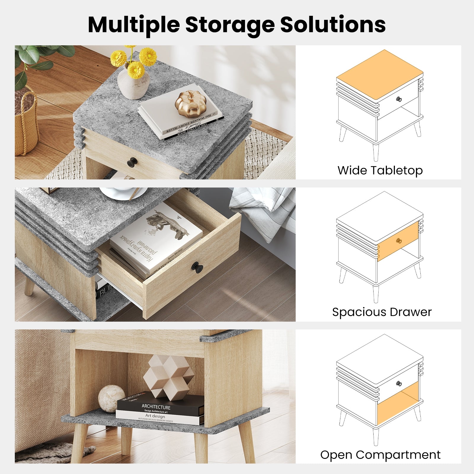 3-Tier Bedside Table Nightstand with Antique Grey Faux Marble Top-Grey, Gray Nightstands at Gallery Canada