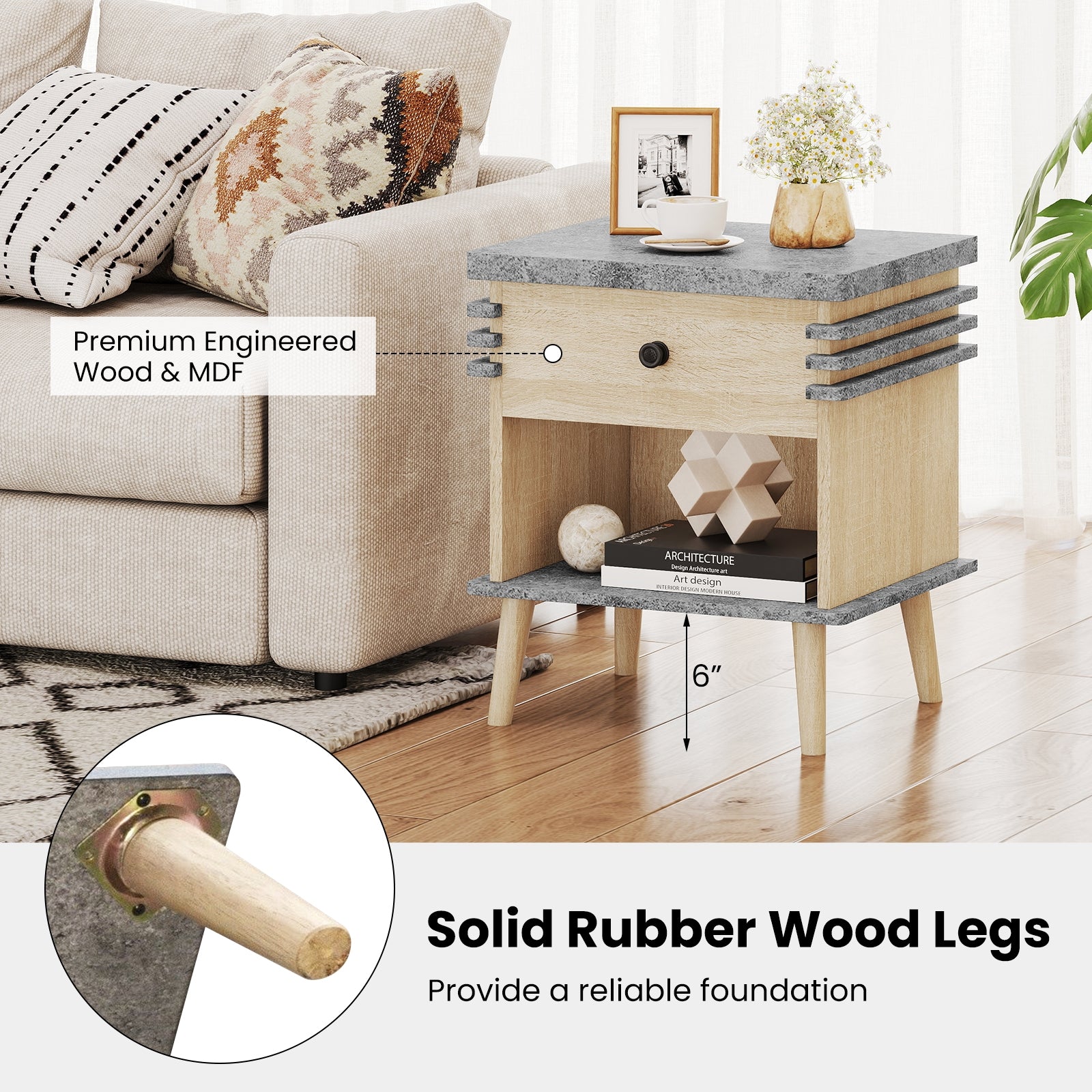 3-Tier Bedside Table Nightstand with Antique Grey Faux Marble Top-Grey, Gray Nightstands at Gallery Canada