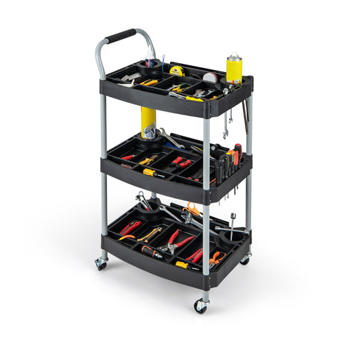 3 Layer Detailing Tool Utility Cart Tool Organizer Mobile Rolling Cart with Multiple Divider, Black