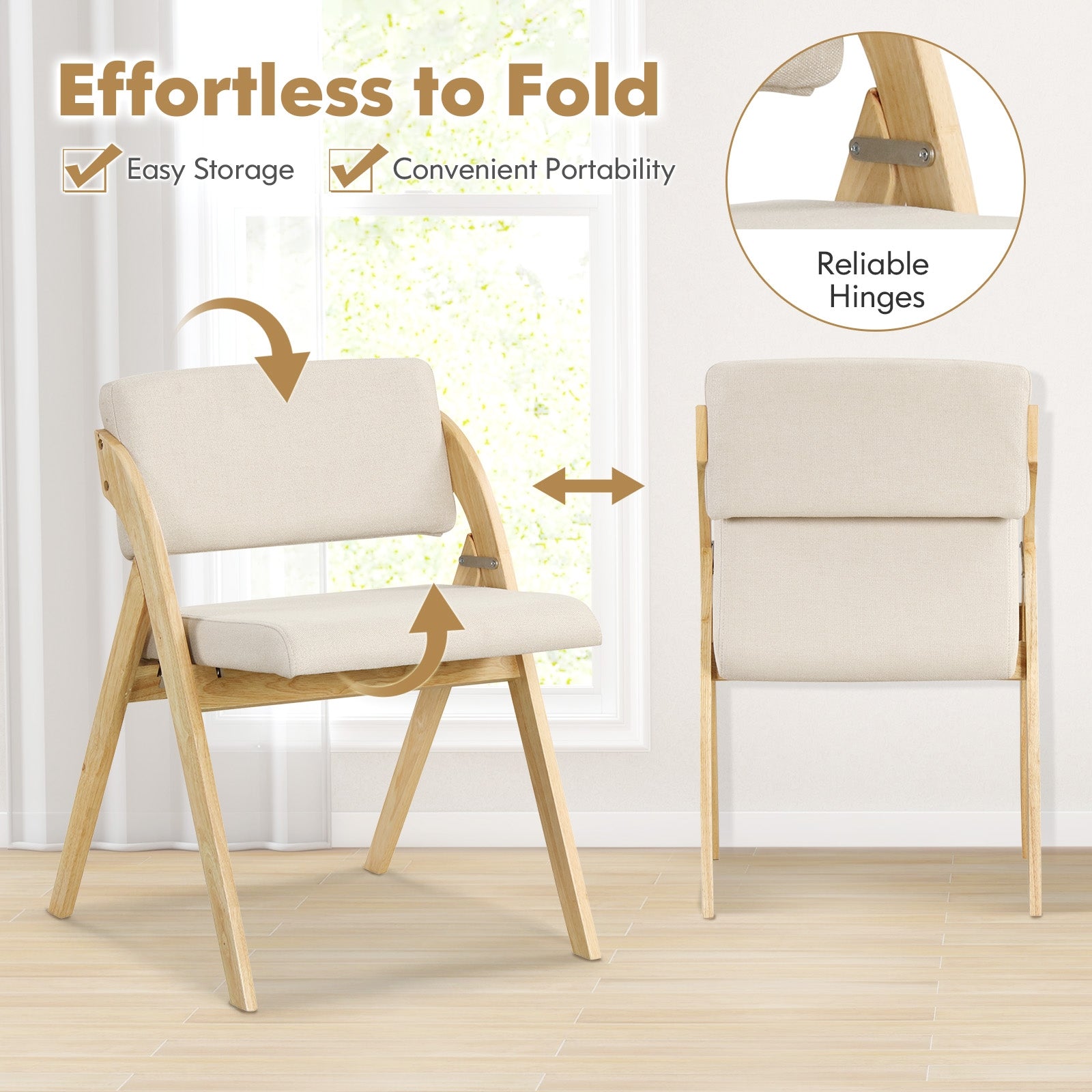 Set of 2 Folding Kitchen Dining Chairs with Rubber Wood Legs, Natural Dining Chairs at Gallery Canada