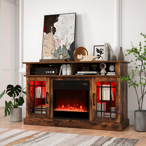 TV Stand With Electric Fireplace, LED Lights, Remote, 40 Inch, Rustic Brown