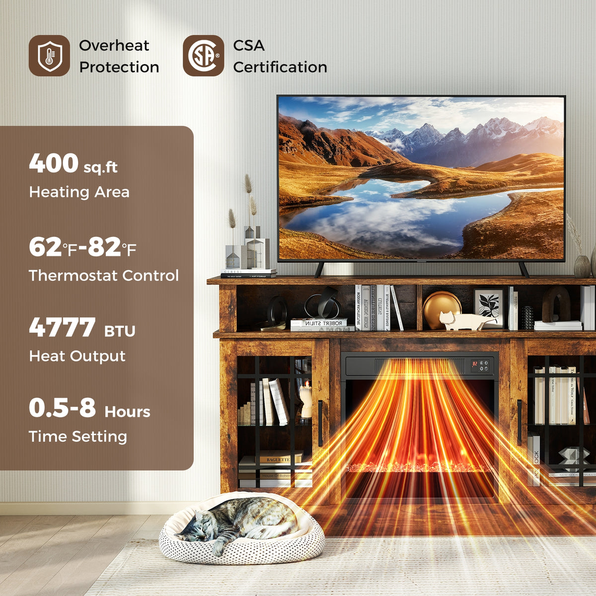 TV Stand With Electric Fireplace, LED Lights, Remote, 40 Inch, Rustic Brown Fireplaces at Gallery Canada
