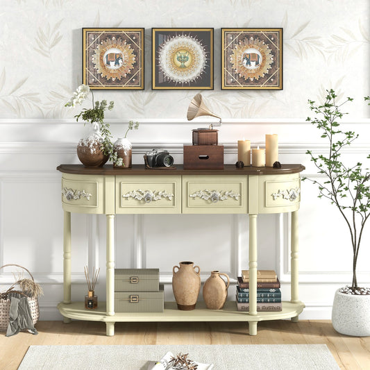 Retro Curved Console Table with Drawers and Solid Wood Legs, Beige - Gallery Canada