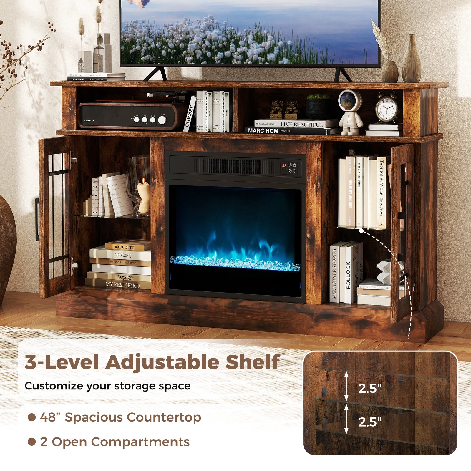 TV Stand With Electric Fireplace, LED Lights, Remote, 40 Inch, Rustic Brown Fireplaces at Gallery Canada