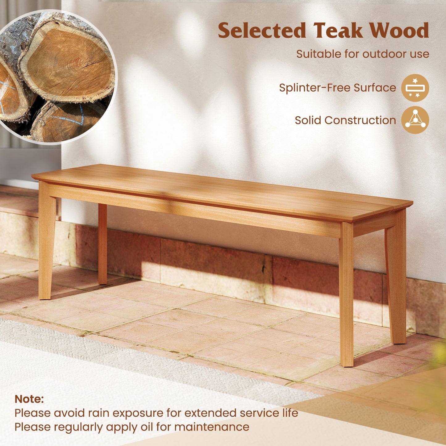 55 Inches Outdoor Teak Wood Bench with 880 LBS Weight Capacity, Natural Outdoor Benches at Gallery Canada