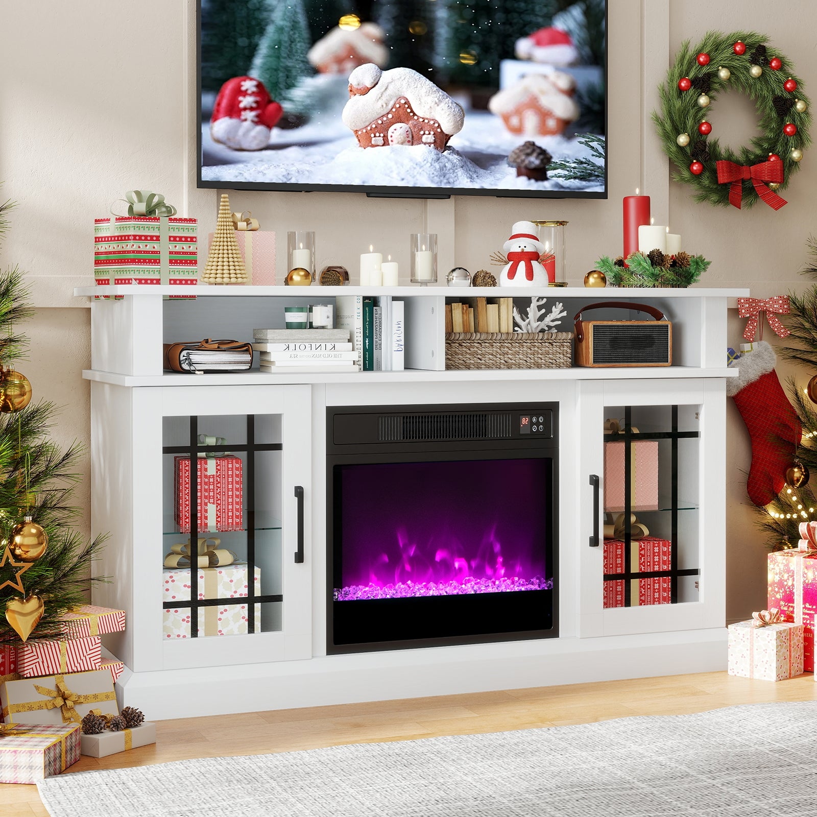 TV Stand With Electric Fireplace, LED Lights, Remote, For 40 Inch TVs, White Fireplaces at Gallery Canada