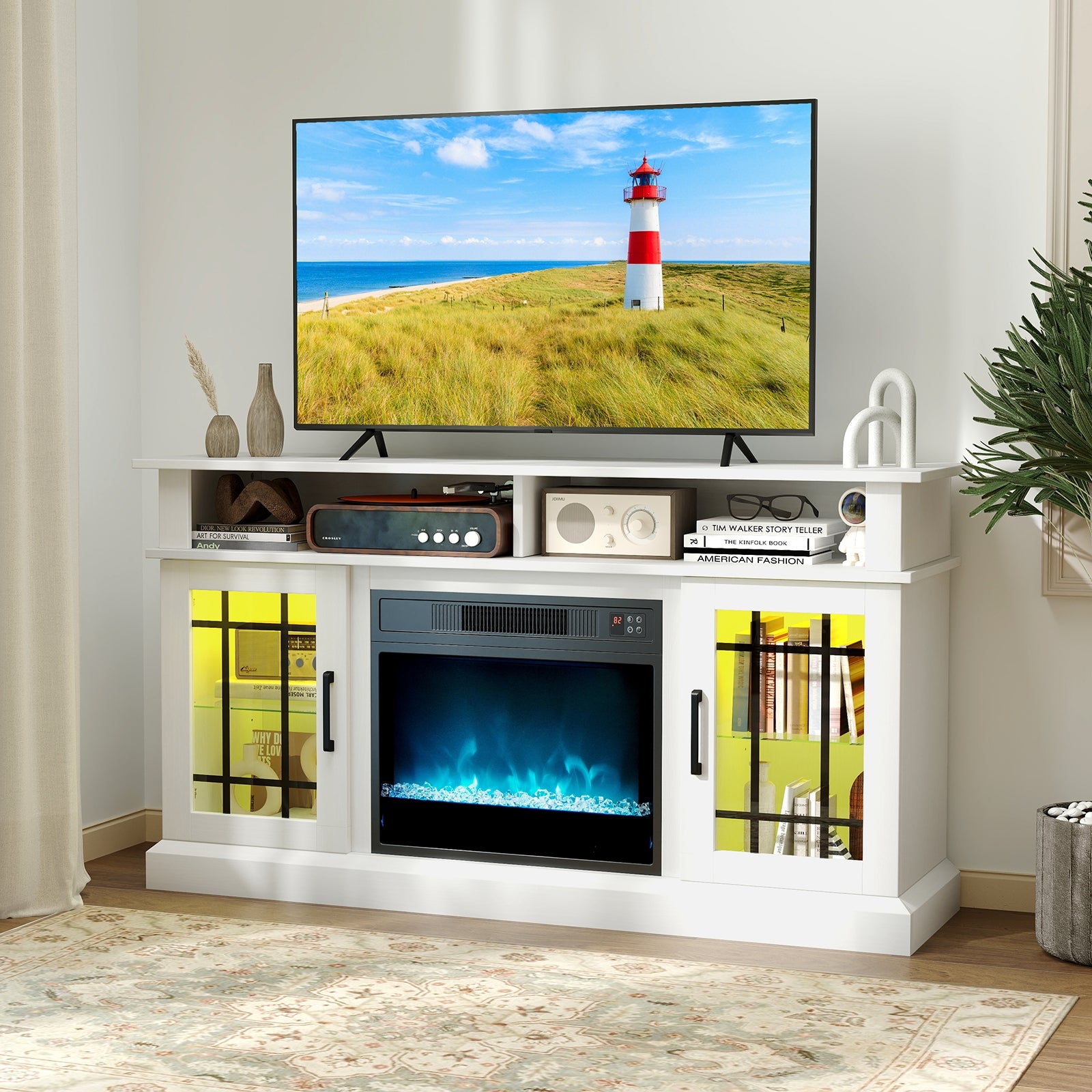 TV Stand With Electric Fireplace, LED Lights, Remote, For 40 Inch TVs, White Fireplaces at Gallery Canada