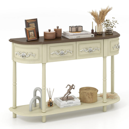 Retro Curved Console Table with Drawers and Solid Wood Legs, Beige