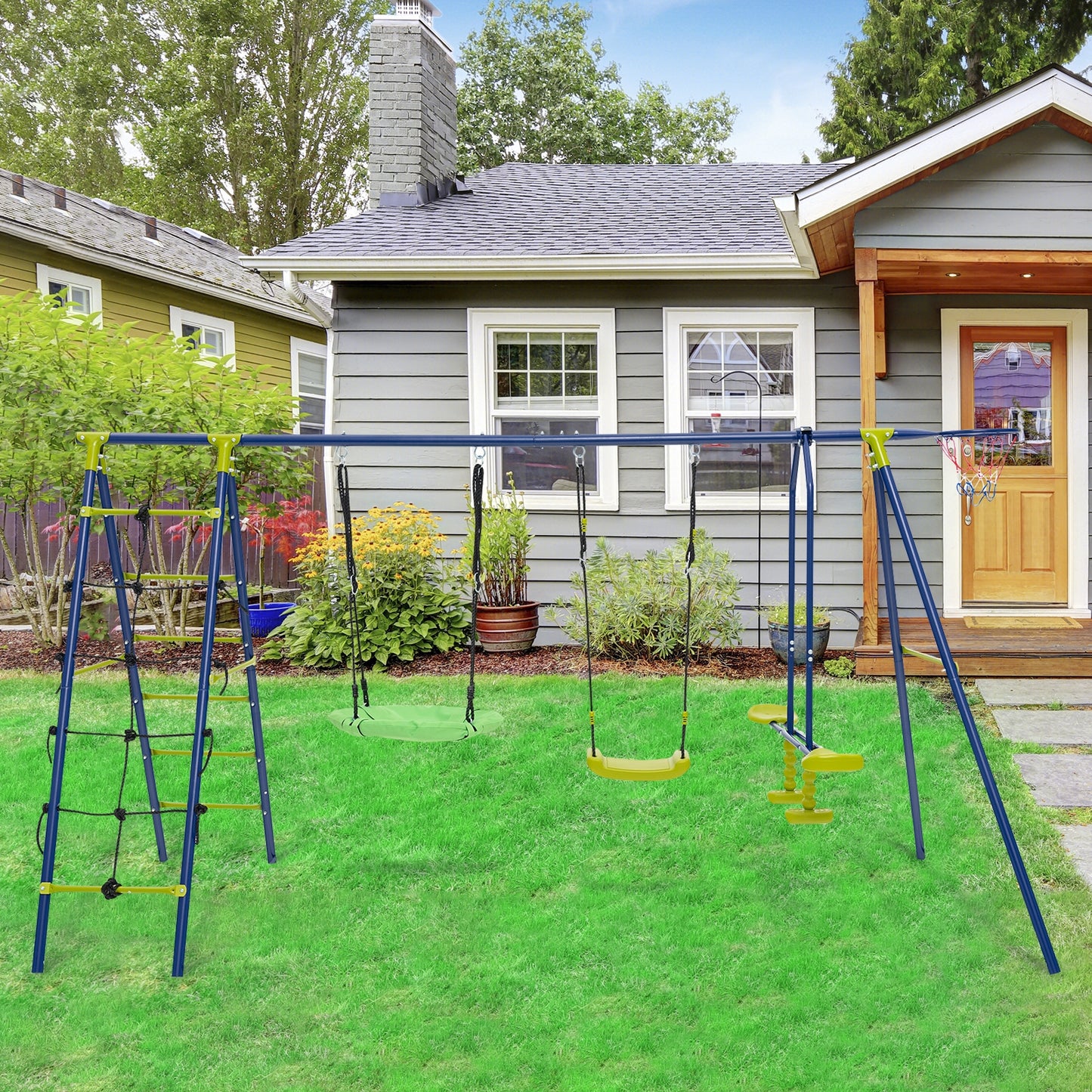 550 LBS 6-in-1 Patio Kids Swing Set with Climbing Net and Ladder, Green Swing & Playsets at Gallery Canada