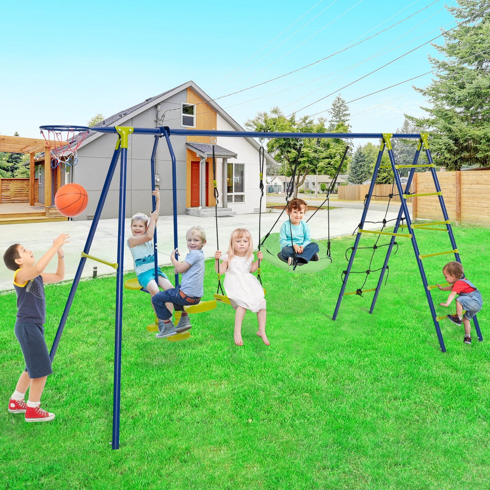550 LBS 6-in-1 Patio Kids Swing Set with Climbing Net and Ladder, Green Swing & Playsets at Gallery Canada