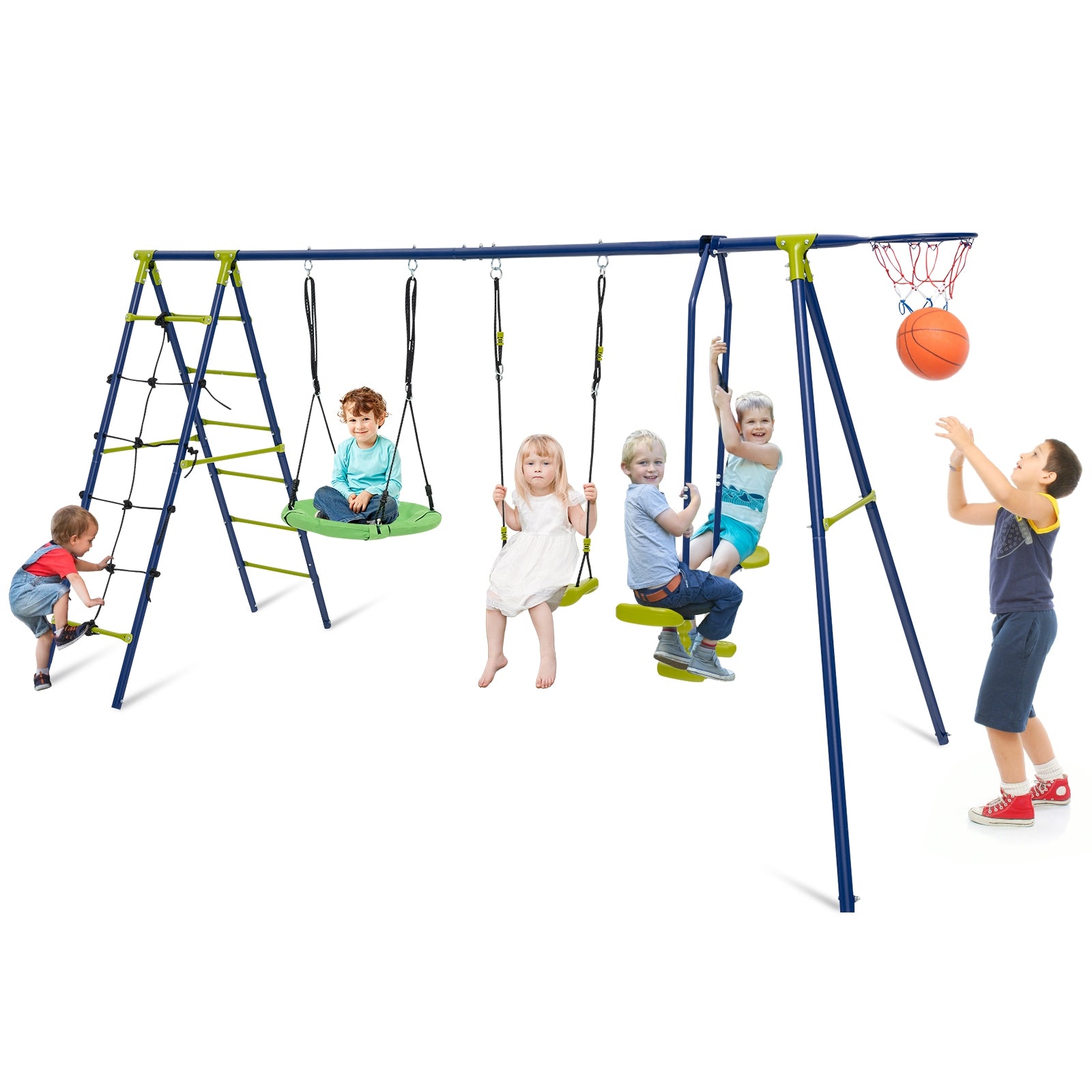 550 LBS 6-in-1 Patio Kids Swing Set with Climbing Net and Ladder, Green Swing & Playsets at Gallery Canada