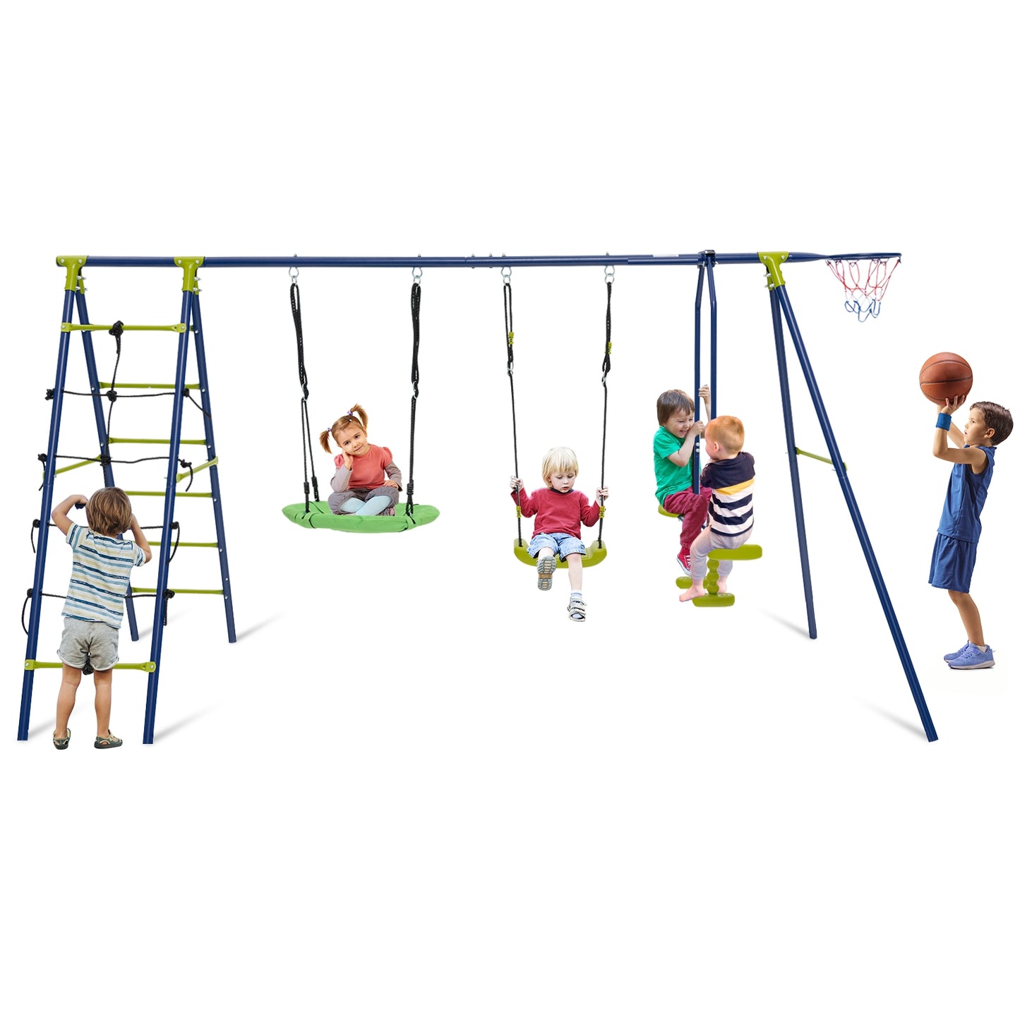 550 LBS 6-in-1 Patio Kids Swing Set with Climbing Net and Ladder, Green Swing & Playsets at Gallery Canada