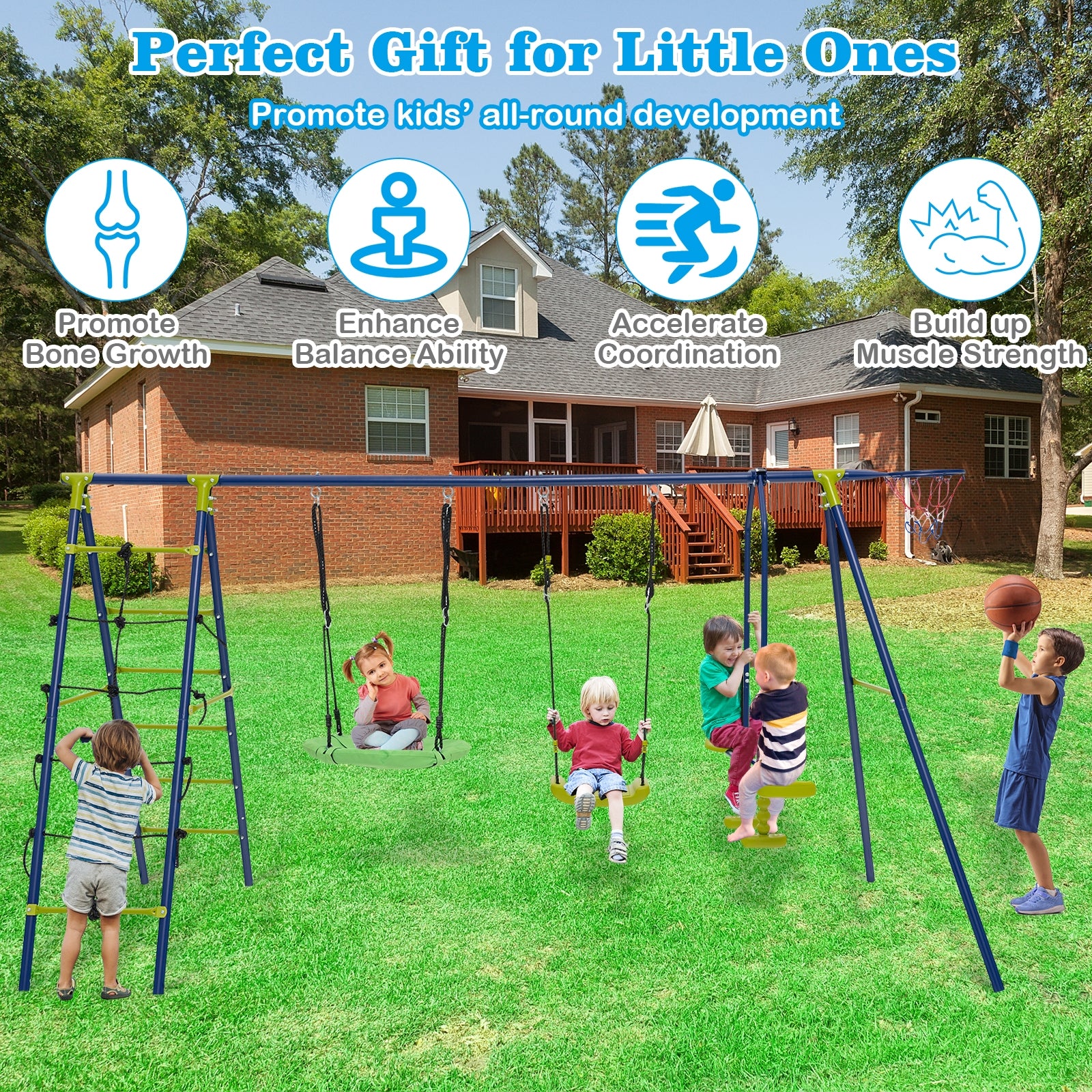550 LBS 6-in-1 Patio Kids Swing Set with Climbing Net and Ladder, Green Swing & Playsets at Gallery Canada
