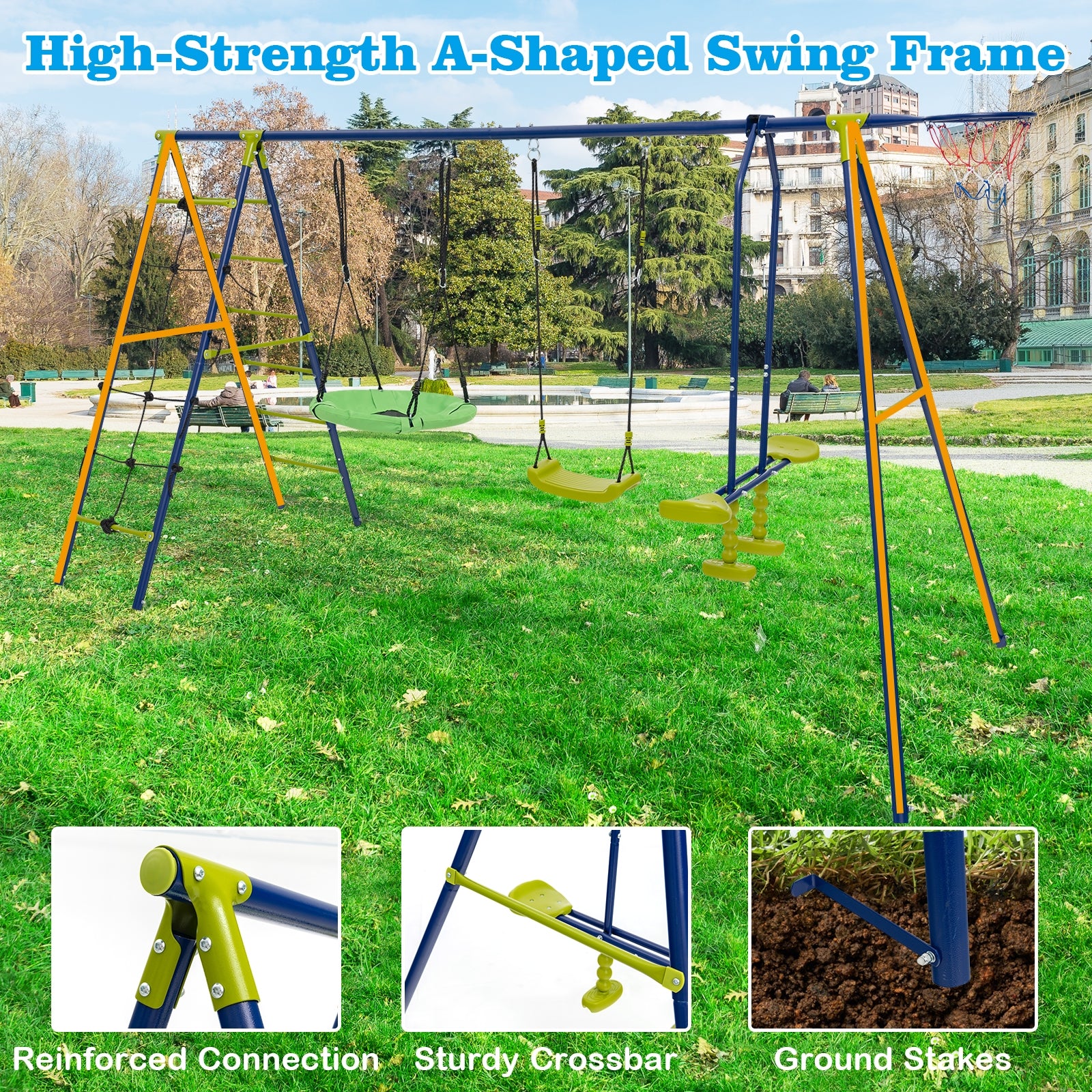 550 LBS 6-in-1 Patio Kids Swing Set with Climbing Net and Ladder, Green Swing & Playsets at Gallery Canada
