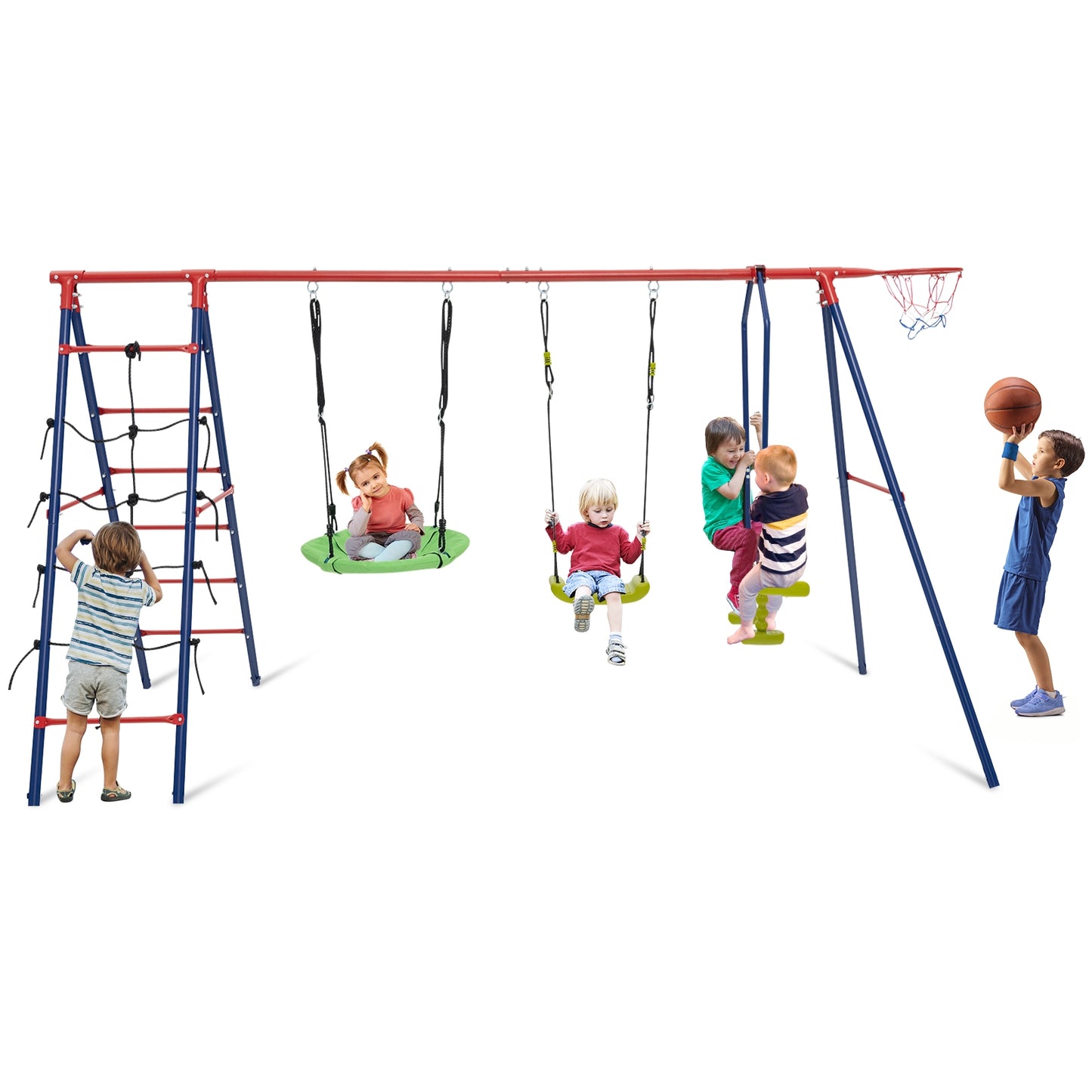 550 LBS 6-in-1 Patio Kids Swing Set with Climbing Net and Ladder, Red Swing & Playsets Red at Gallery Canada