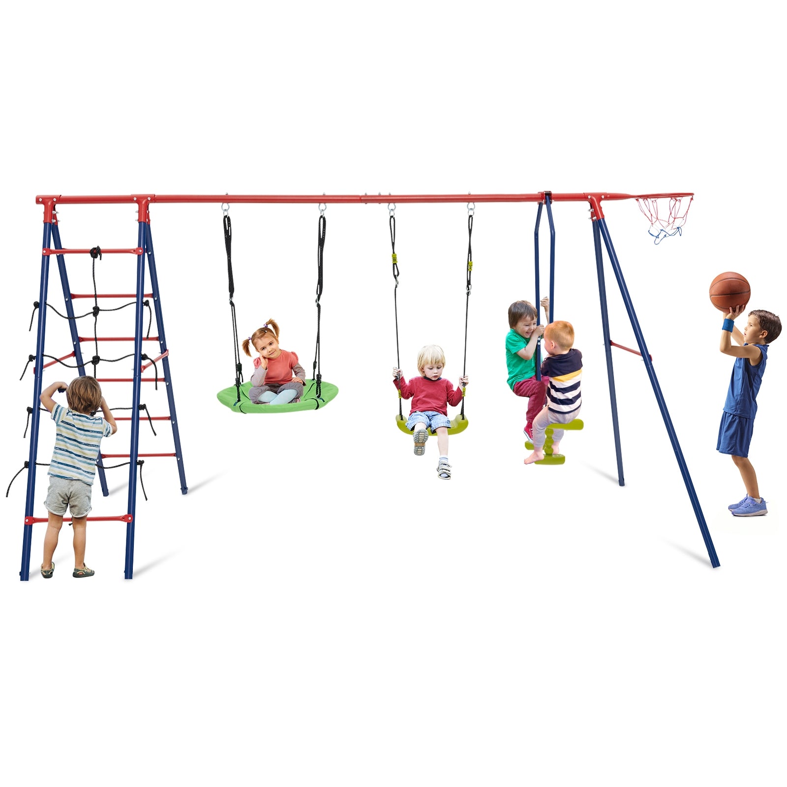 550 LBS 6-in-1 Patio Kids Swing Set with Climbing Net and Ladder, Red Swing & Playsets Red at Gallery Canada