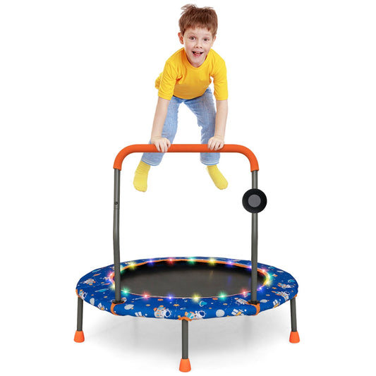 36 Inch Mini Trampoline with Colorful LED Lights and Bluetooth Speaker, Blue