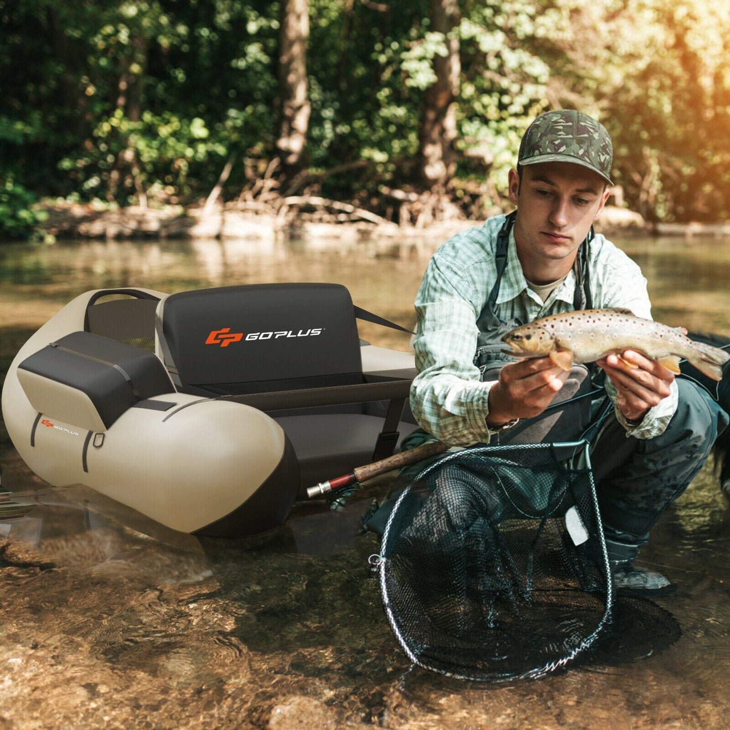 Inflatable Fishing Float Tube with Pump Storage Pockets and Fish Ruler, Beige Surfing at Gallery Canada