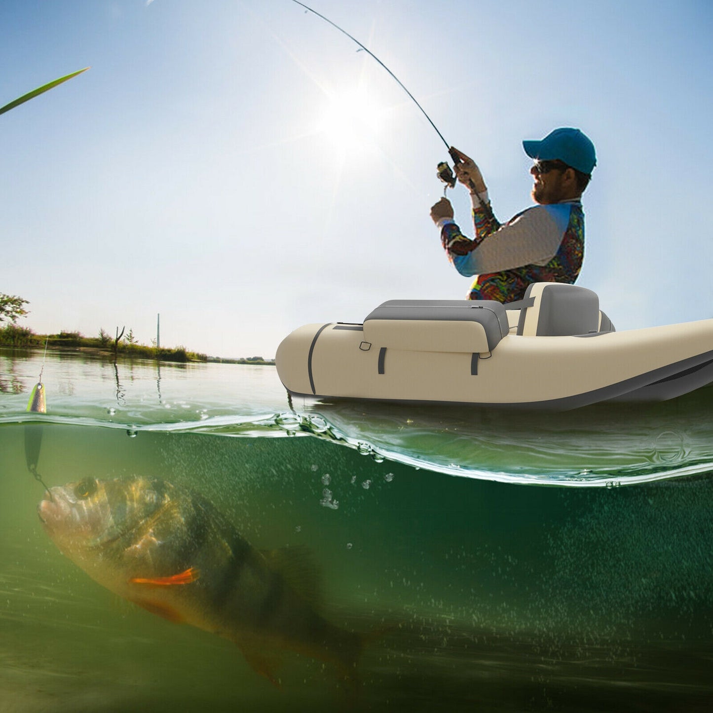 Inflatable Fishing Float Tube with Pump Storage Pockets and Fish Ruler, Beige Surfing at Gallery Canada