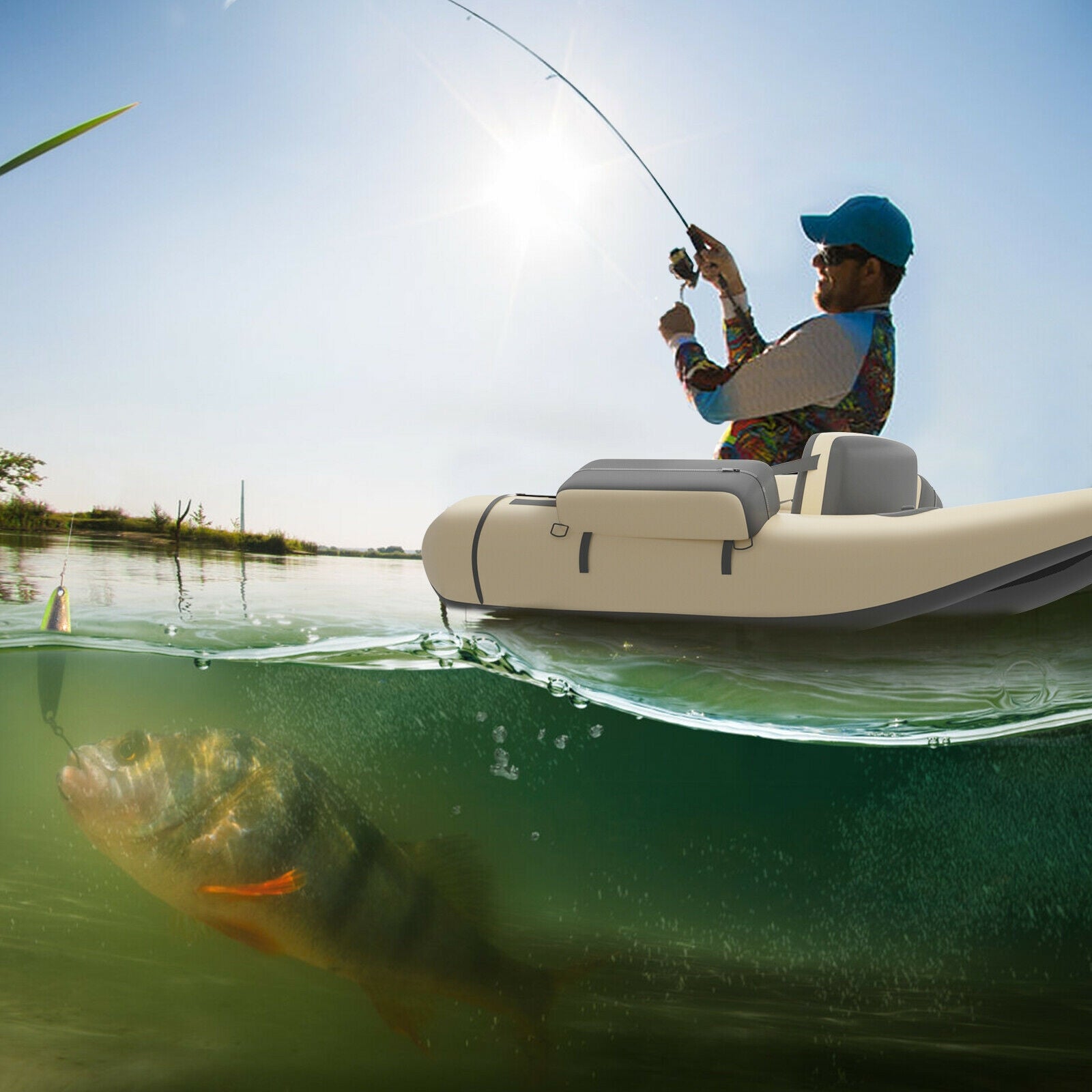 Inflatable Fishing Float Tube with Pump Storage Pockets and Fish Ruler, Beige Surfing at Gallery Canada