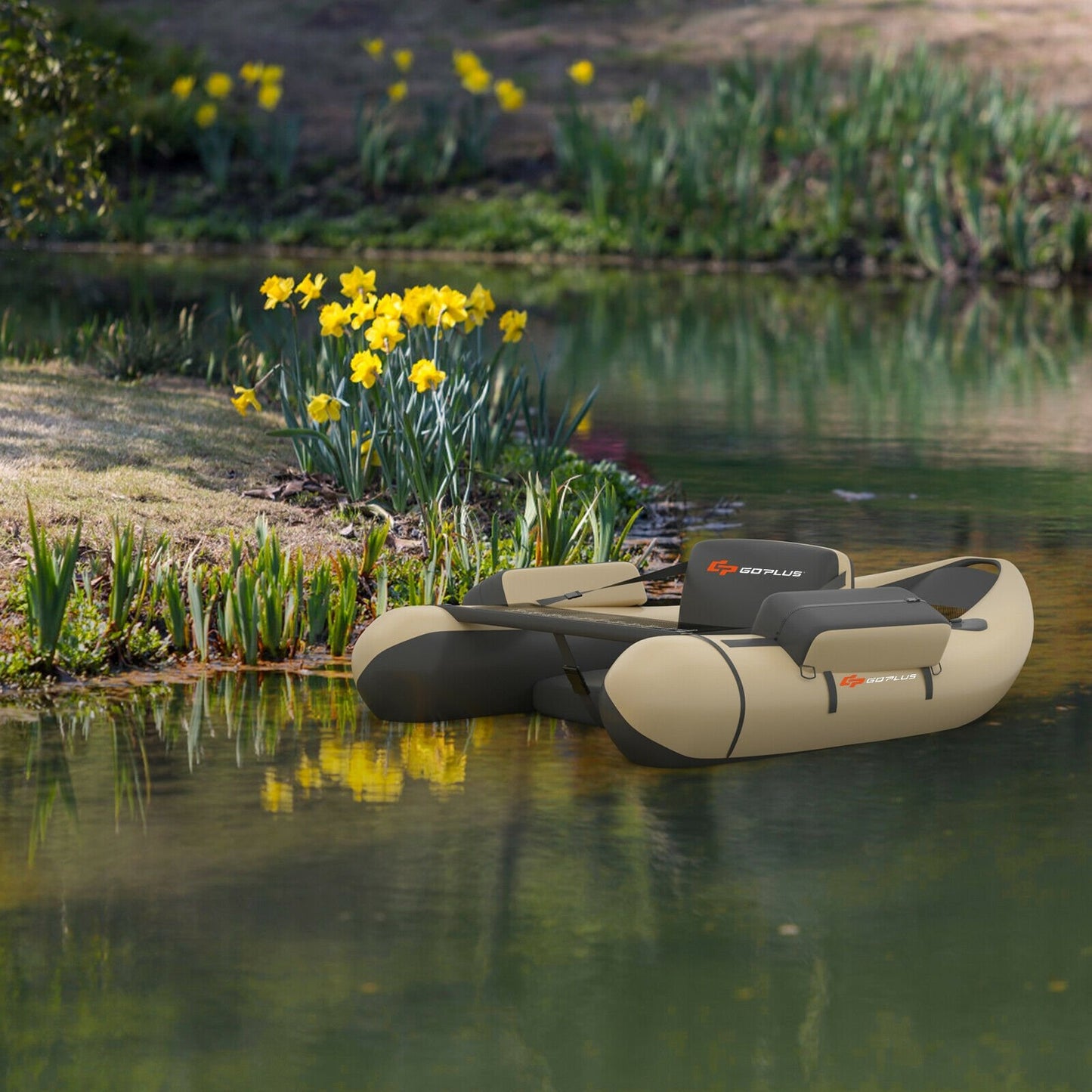 Inflatable Fishing Float Tube with Pump Storage Pockets and Fish Ruler, Beige - Gallery Canada