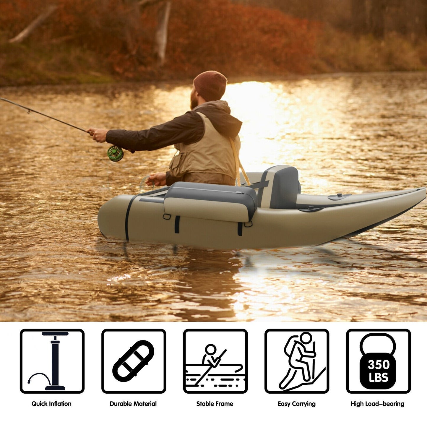 Inflatable Fishing Float Tube with Pump Storage Pockets and Fish Ruler, Beige at Gallery Canada