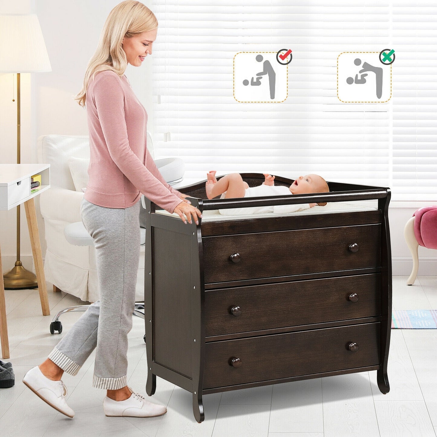 Baby Changing Table Infant Diaper with 3 Drawers and Safety Belt, Brown Changing Tables at Gallery Canada